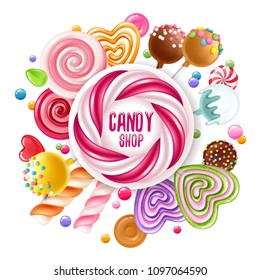 Candy shop poster. Colorful background with sweets - lollipops, cake pops, chocolate bonbons, hard candies and marshmallow twist on white background.