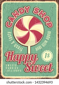 Candy shop poster. Confectionary retro placard with sweets dulce vector with place for text. Illustration of sweet dessert, sugar confectionery lollipop