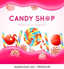 Candy shop poster with multicolored candies on white and pink background vector illustration