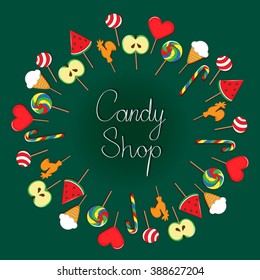 Candy shop poster with multicolored  lollipops