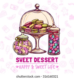 Candy shop poster with sweets cookies and macaroons sketch vector illustration