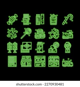 Candy Shop Product neon light sign vector. Candy Shop Building And Vending Machine Equipment For Selling Chewing Gum And Cookie, Chocolate And Cake Illustrations