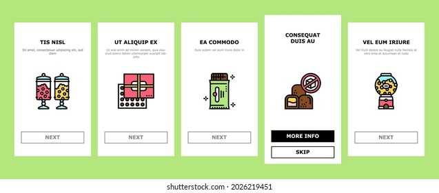 Candy Shop Product Onboarding Mobile App Page Screen Vector. Candy Shop Building And Vending Machine Equipment For Selling Chewing Gum And Cookie, Chocolate And Cake Illustrations