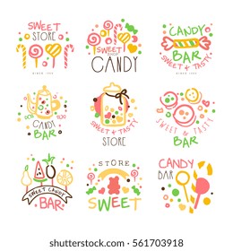 Candy Shop Promo Signs Set Of Colorful Vector Design Templates With Sweets And Pastry Silhouettes