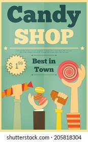 Candy Shop Retro Poster With Hands Holding Sweet. Vector Illustration.