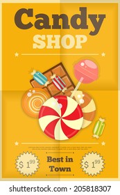 Candy Shop Retro Poster with Sweets on Yellow Background. Vector Illustration.