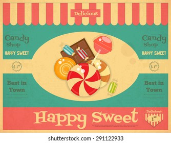 Candy Shop Retro Poster In Vintage Style With Sweets. Vector Illustration.