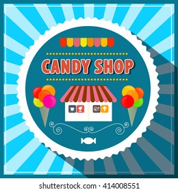 Candy Shop. Retro Vector Candy Shop Illustration. Candy Shop Paper Cut Label with Ice Creams and House on Blue Vintage Background.