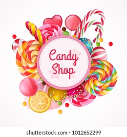 Candy Shop Round Frame Background With Realistic Fruit Lollipops With Sprinkles, Spiral Colorful Sweets Vector Illustration