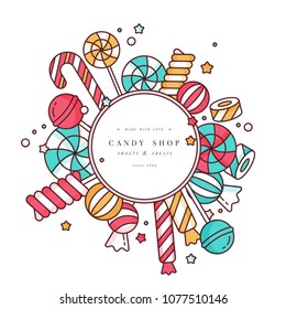 Candy shop round frame background with linear lollipops with sprinkles, spiral and caramel colorful sweets vector illustration