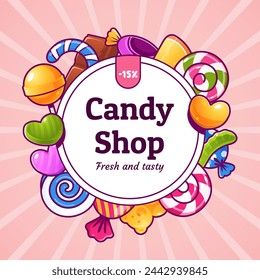 Candy shop round frame with candy, caramel, marmalade, lollipops and other sweets. Sweet store background in colorful cartoon style with place for text. Vector illustration