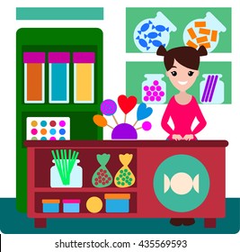 candy shop. Candy seller girl. Candyshop interior. Sweet shop interior. Girl sell sweets, dessert store. Sweet store