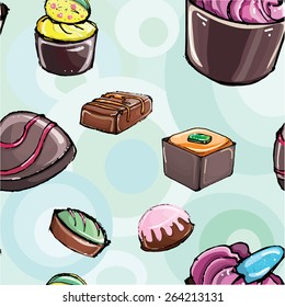 Candy shop. Set of chocolate sweets, candys, muffins. Vector illustration
