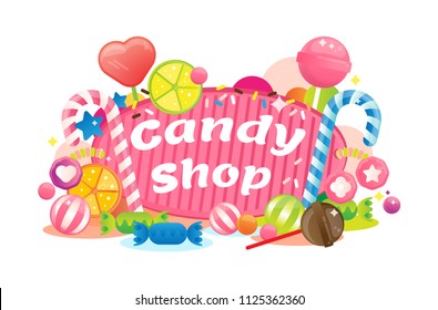 Candy shop sign vector illustration. Colorful and animated candy cane, sweets, lollipop, desert and cute snacks. Festive, holidays and birthday feeling icon. Yummy pink treats and sugar dessert.