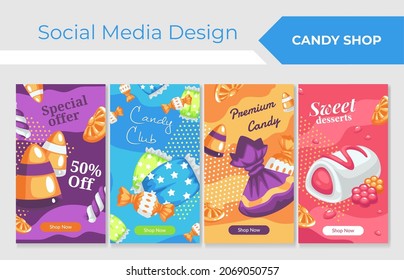 Candy shop social media design, vector illustration. Premium sweet dessert at colorful banner, poster set. Confectionary store advertising, cute modern collection for online marketing.