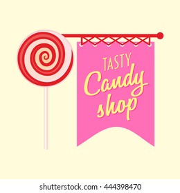 Candy shop or store logo, label or badge design template with lollipop.