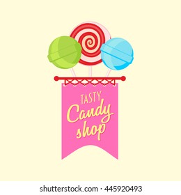 Candy shop or store logo, label or badge design template with three lollipops.