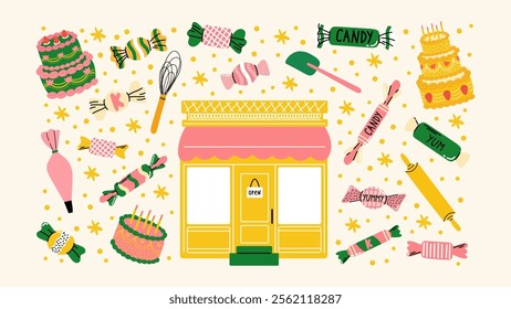 Candy shop street fair stalls.Cartoon illustration of stalls with sweet cheesecakes, candy, bento cakes, sweets. Kitchen utensils. Cartoon doodle retro vector stickers