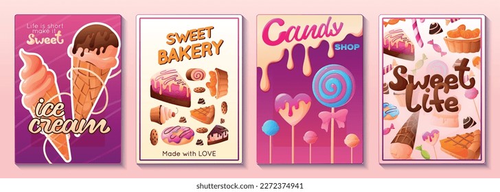 Candy shop sweet bakery ice cream cartoon posters set isolated on color background vector illustration