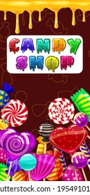 Candy Shop, sweet different bonbon, lollipops,chocolate, jelly. Template menu for caffe, cafeteris, vector illustration, cartoon style