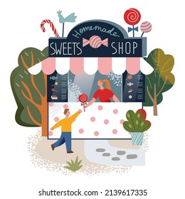 Candy shop with sweet menu vector illustration. Cartoon girl shopkeeper selling lollipop on stick to boy, cute small customer standing near kiosk with awning and signboard on street or in summer park