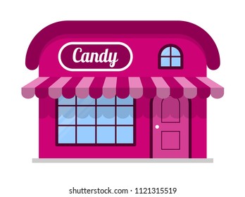 Candy shop  symbol. Icon, store. Sign in pink color. The facade of the building is in a flat style. A stylish geometric image. Vector illustration isolated on white background.