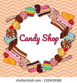 Candy shop template design, sweet desserts, vector illustration, hand drawn elements, cartoon image