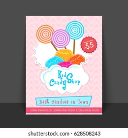 Diseño de plantilla, volante o tarjeta de precio para la tienda de golosinas con ilustraciones de dulces coloridos.