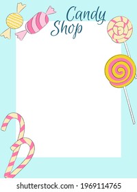 Candy Shop template with hand drawn candies and lollypops