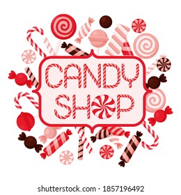 Candy Shop template set of different colors of candy, sweets, lollipops, candy with spiral, caramel. Background, poster, banner, isolated, flat style. Vector illustration