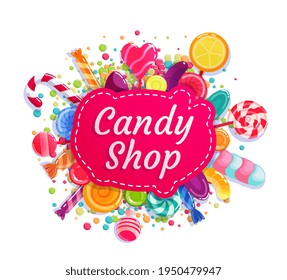 Candy shop, trade store company advertising insignia label