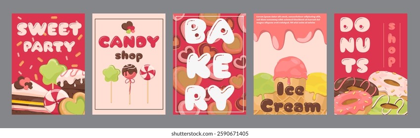 Candy shop typography template posters. Vertical covers with icing cookies, lollipops, sugar cakes, delicious desserts for sweet party. Modern banners set in minimalism design. Vector illustration.