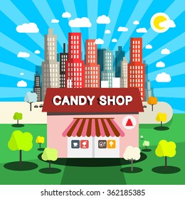 Candy Shop Vector Flat Design Illustration with City on Background