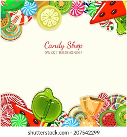 Candy shop. Vector illustration. Background with sweets in vintage style.