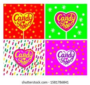 Candy shop vector lettering stickers with hearts.