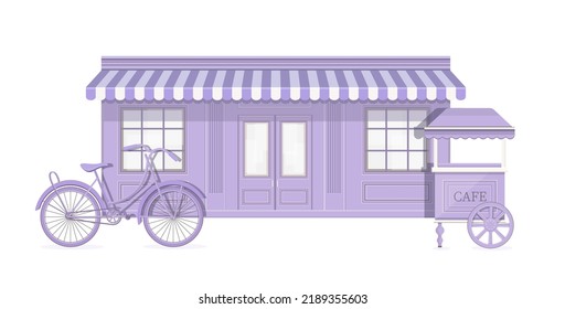 Candy Shop violet color. Sweet market. Confectionery store facade with showcase isolated on white background. Boutique sweet shop. Luxury store shop. bicycle near the coffee shop. Basket of flowers.