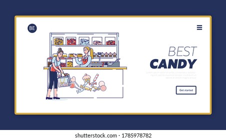 Candy shop website landing page with cartoon woman buying tasty candies in confectionary store with different sweets, bakery, cakes and lollipops. Template linear vector illustration