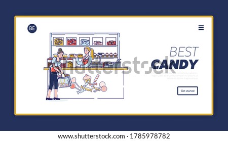 Candy shop website landing page with cartoon woman buying tasty candies in confectionary store with different sweets, bakery, cakes and lollipops. Template linear vector illustration
