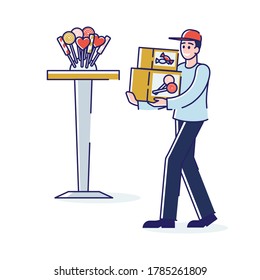 Candy shop worker bring box with fresh lollipops for store showcase. Confectionary candy shop inside concept. Cartoon man holding box with candies. Linear vector illustration