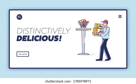 Candy shop worker bring box with fresh sweets for store showcase. Online candy shop website landing page with cartoon man holding box with treats. Linear vector illustration