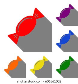 Candy sign illustration. Set of red, orange, yellow, green, blue and violet icons at white background with flat shadow.