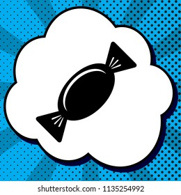Candy sign illustration. Vector. Black icon in bubble on blue pop-art background with rays.