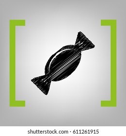 Candy sign illustration. Vector. Black scribble icon in citron brackets on grayish background.
