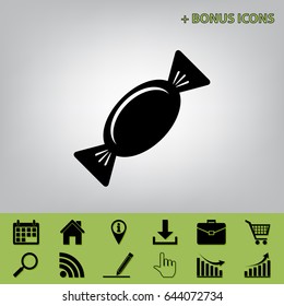 Candy sign illustration. Vector. Black icon at gray background with bonus icons at celery ones