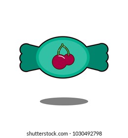 Candy sign illustration. Vector. Green with cherry icon on white background. EPS