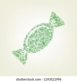 Candy sign illustration. Vector. Green hexagon rastered icon and noised opacity and size at light green background with central light.