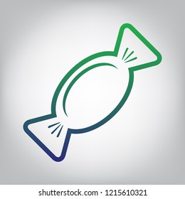 Candy sign illustration. Vector. Green to blue gradient contour icon at grayish background with light in center.