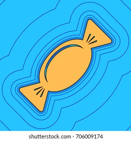 Candy sign illustration. Vector. Sand color icon with black contour and equidistant blue contours like field at sky blue background. Like waves on map - island in ocean or sea.