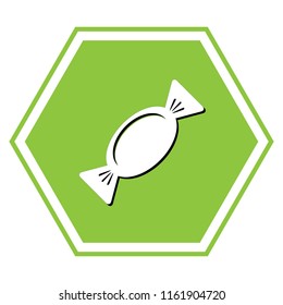 Candy sign illustration. Vector. White icon with black shadow at yellow green honeycomb on white background.