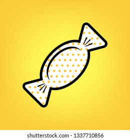 Candy sign illustration. Vector. Yellow polka dot white icon with black contour at warm yellow background.